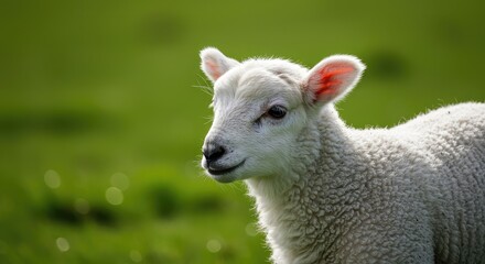Obraz premium Close up of a fluffy white newborn lamb standing peacefully in a lush green pasture under the bright sunlight ,farm ,livestock ,nature