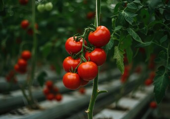 Obraz premium Close up of perfect, ripe red tomatoes growing on the vine inside a warm, steamy agricultural hothouse environment ,macro ,organic ,food production
