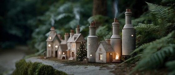 A miniature village comes to life, nestled amidst a lush forest. The quaint houses, aglow with warm interior lights and smoke gently curling from their chimneys.