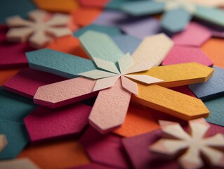 Macro Close-Up of Colorful Layered Paper Snowflake Art