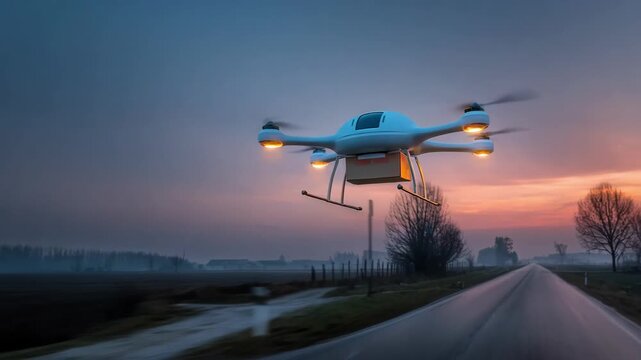 Medium shot of a courier drone hovering above a quiet country road at dusk emphasizing advanced technology in remote rural delivery services under fading natural light.