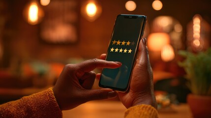 Customer Giving Five Star Rating on Smartphone Review App