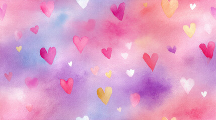 Soft dreamy watercolor background with floating hearts in pink and purple tones creating a romantic and whimsical atmosphere for love and valentine designs