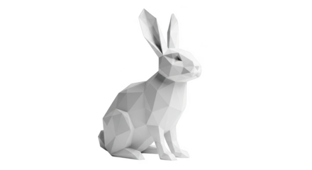 White low poly rabbit sculpture sitting on black background geometric animal
