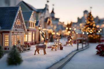 A charming winter village scene is illuminated with twinkling lights, festive decorations, and a touch of holiday magic, evoking the warmth and cheer of the Christmas season.