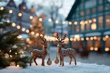 Charming Christmas scene with miniature reindeer ornaments, twinkling lights, and festive holiday decor, creating a magical atmosphere.