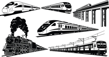 Train evolution illustration, steam locomotive, electric train, high-speed rail, commuter transport, railway infrastructure, vintage engine, modern transit, transportation history © MdNurunnabi