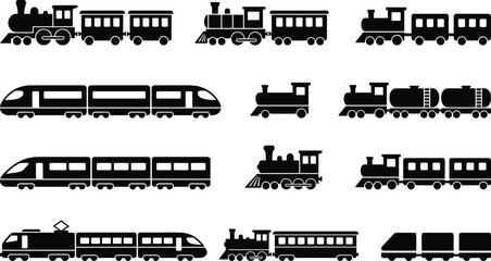 Train silhouette collection, steam and electric locomotives, railway transport icons, vintage and modern trains, vector illustration, transportation design © MdNurunnabi