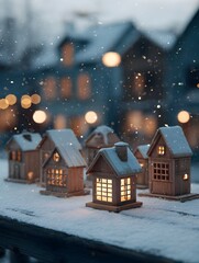 A serene winter scene unfolds, as quaint miniature houses, bathed in a warm, inviting glow, are delicately dusted with a blanket of fresh snow against the bokeh of blurred city lights.