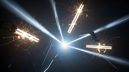 Surreal light spectacle of broken lightbulbs against a dark, expansive void