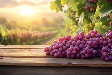 Ripe purple grapes on wooden table with vineyard background glowing under warm morning sunlight, perfect for food advertising, wellness branding, organic product packaging
