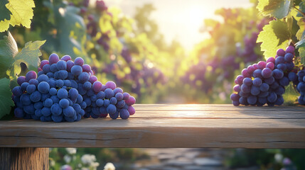 Ripe purple grapes on wooden table with vineyard background glowing under warm morning sunlight, perfect for food advertising, wellness branding, organic product packaging