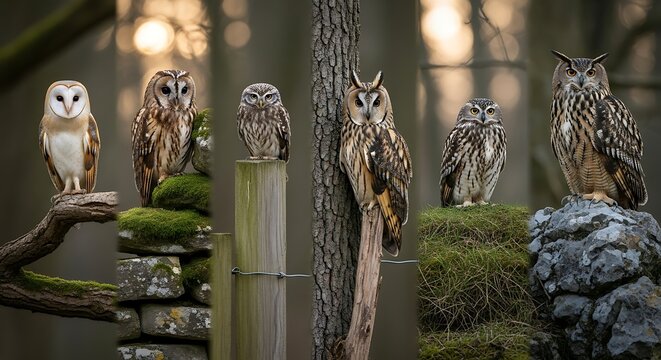 Group of owls perched on trees.