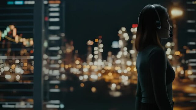 Female trader with headset monitors stock charts at night. Woman analyst views trading data on screens. Stock chart displays market data over refinery lights. Trader analyzes financial data in