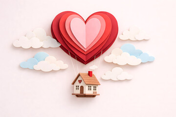 Heart Shaped Balloon Lifting Cozy House Paper Cut Love Concept