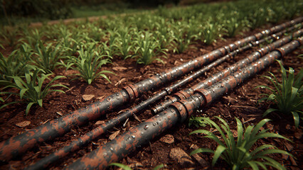 Detailed macro shot of drip irrigation lines slowly releasing water to plant roots