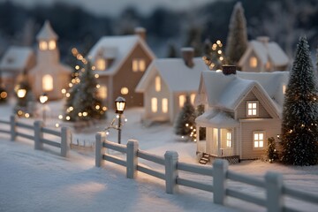 A serene, snow-covered village twinkles with the warm glow of festive lights, offering a cozy winter scene.