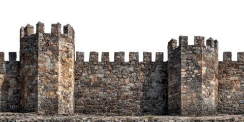 old castle stone wall isolated on white or transparent png