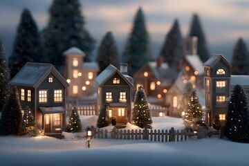 A charming and festive winter village scene, adorned with twinkling lights and snow-covered rooftops, evokes warmth and nostalgia, perfect for the holiday season.