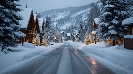 A snow-covered winter wonderland. An expansive road cuts through a snow-covered town, leading the eye toward the snow-capped mountain range, conveying peace and quiet.