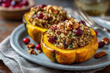 Delicious stuffed acorn squash with quinoa, cranberries, and pecans