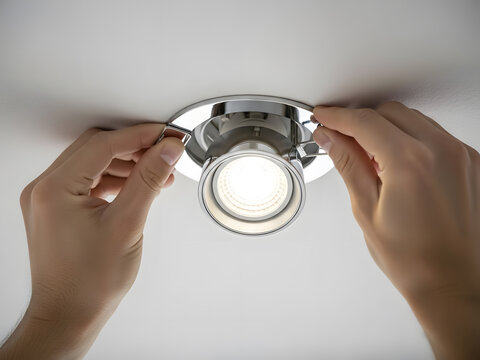 Hands carefully installing a modern recessed led downlight into a clean white ceiling fixture