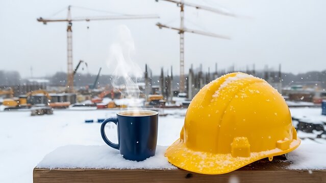 Yellow hard hat and blue mug with steam on snowy construction site