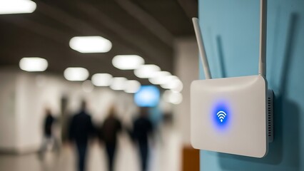 White Wi Fi router with blue light on blue wall in modern office with blurred people