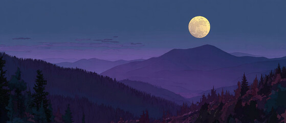Mystical Full Moon Rising Above a Dark Pine Forest at Night