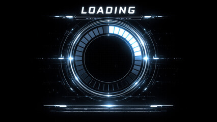 Futuristic circular loading interface with glowing progress ring and digital HUD elements on a dark background. Ideal for technology concepts, software loading screens, user interface design