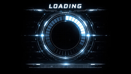 Futuristic circular loading interface with glowing progress ring and digital HUD elements on a dark background. Ideal for technology concepts, software loading screens, user interface design