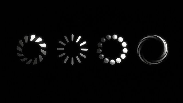 Minimal circular loading spinner composed of glowing dots on a black background. Ideal for buffering, waiting, processing, and system loading concepts in user interfaces, apps, websites, and software 