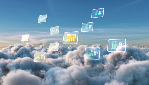A digital representation of data and analytics icons floating above fluffy clouds, symbolizing cloud computing and technology. - Powered by Adobe
