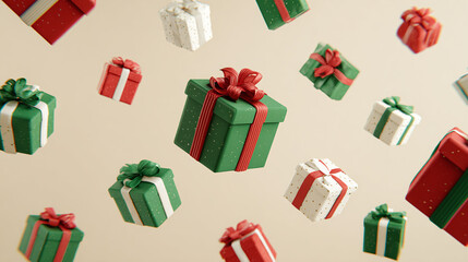 Festive presents in assorted colors with ribbons float in the air, symbolizing celebration, joy, and the spirit of giving. Simple background.