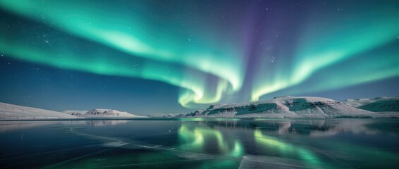 A stunning view of the Northern Lights illuminating the night sky over icy landscapes, reflected beautifully on a calm lake.