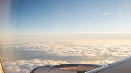 View from airplane window above the clouds