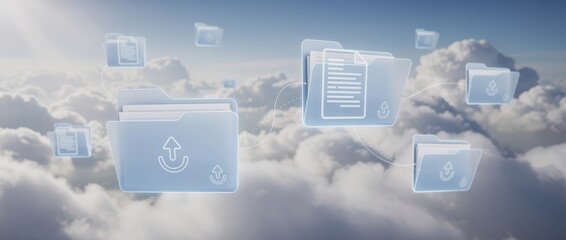 A digital representation of cloud storage, featuring transparent folders exchanging data in a bright, airy sky.