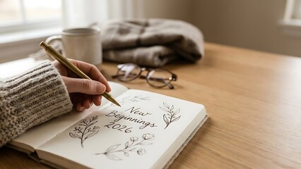 Capturing aspirations A close-up of a hand writing 'New Beginnings 2026' in a planner, setting intentions for personal growth