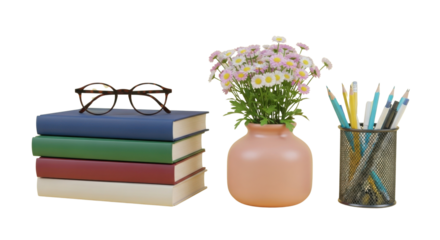 Stack of colorful study books, reading glasses, vase of flowers, and pencils isolated PNG with Transparent Background