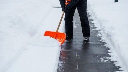 Person Shoveling Snow with Orange Snow Shovel on a Wet Pavement