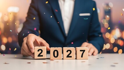 Person in suit arranging wooden blocks with 2027 on a table with confetti