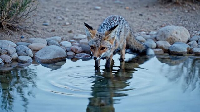 San Joaquin Kit Fox Drinking Water in Desert Pool