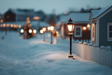 A quaint winter village scene, illuminated by warm streetlights and festive string lights, nestled amongst a blanket of pristine snow, evokes a sense of peace and seasonal cheer.