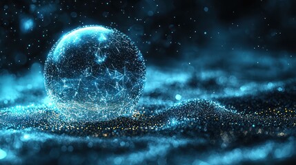 Digital sphere with interconnected nodes floats above a grainy, undulating surface, sparkling with ethereal light