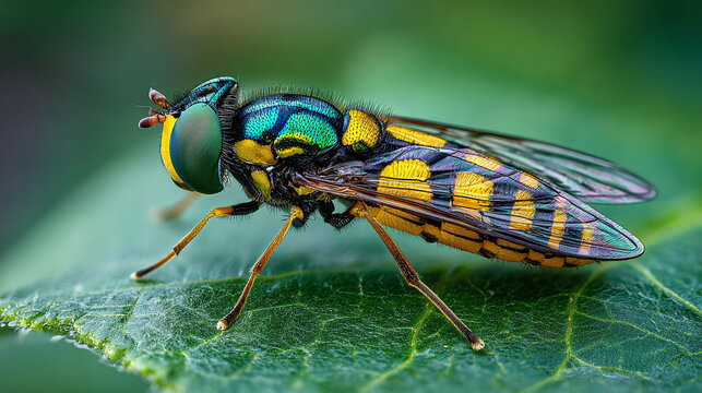 macro shot of fruit fly displaying iridescent eyes yellow and black stripes and delicate wing texture in sharp focus