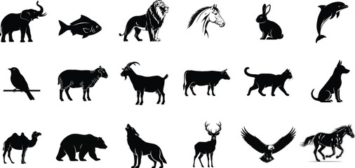 Fototapeta premium Collection of various animal silhouettes on white background .