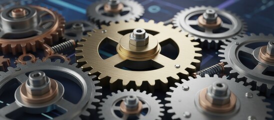 A close-up view of intricately designed gears showcasing various metallic finishes, highlighting machinery and engineering.