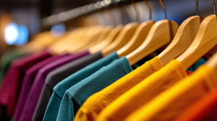 A rack of colorful shirts hang neatly on wooden hangers, creating an inviting display of fashion and style for any wardrobe need.