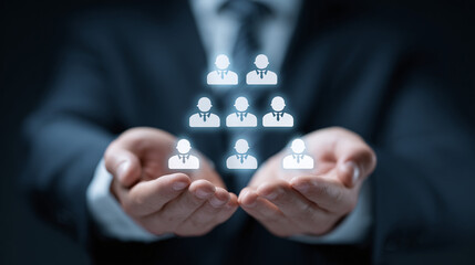 Business leader holding a team structure in his hands representing human resources, teamwork, collaboration, and company hierarchy concept.