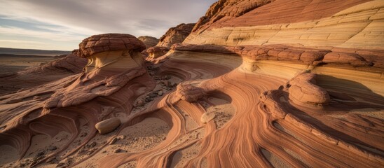 A stunning landscape featuring layered sandstone formations with unique textures and colors under a soft sky, showcasing natural beauty and geological wonders.